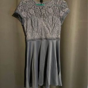 Blue-gray semi formal dress. Lace overlay on top, satin bottom.
